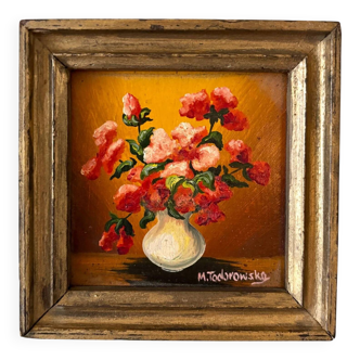 Framed painting on wood - red flowers