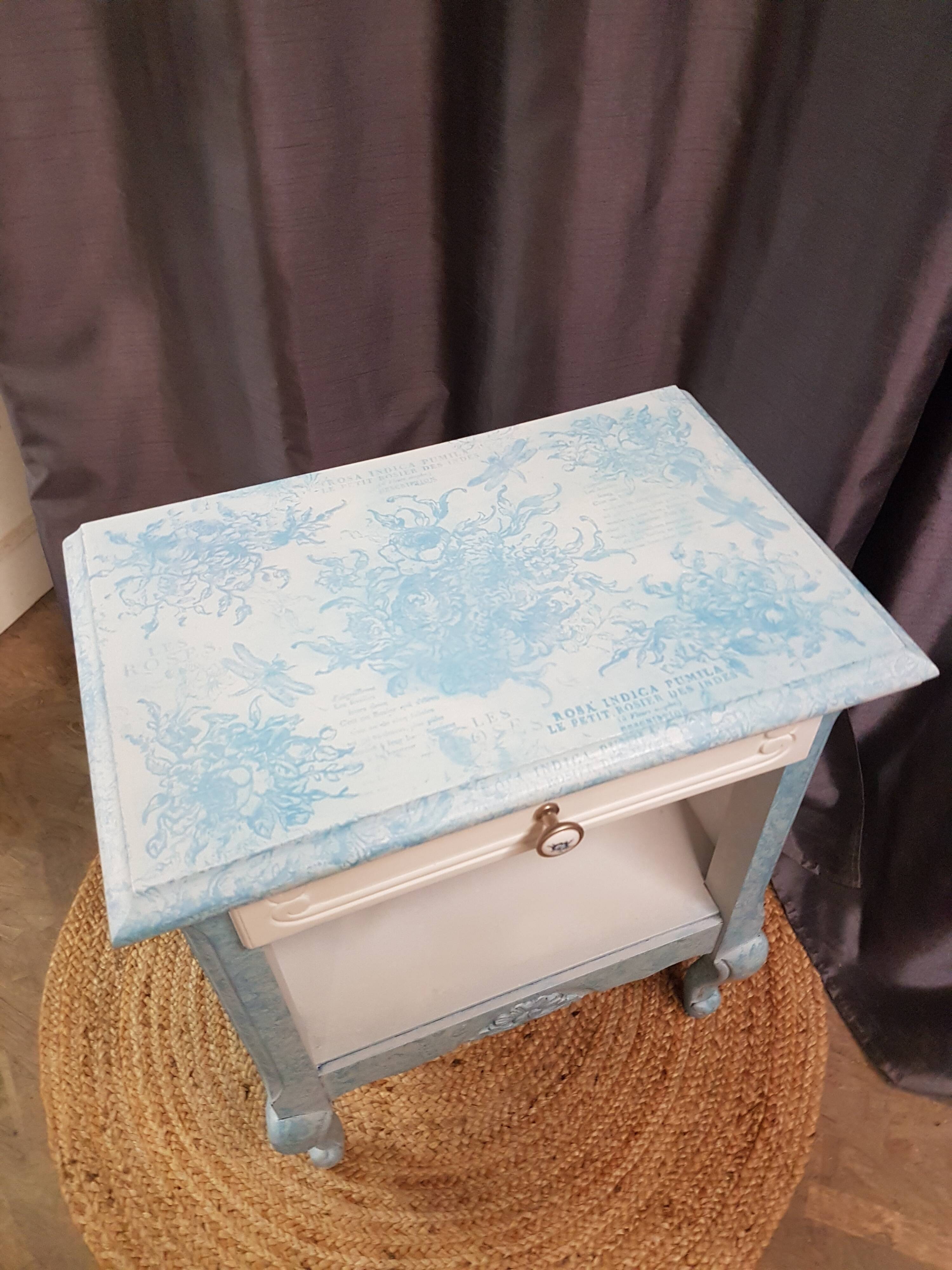 Low bedside table, 1 drawer, white and blue redesigned