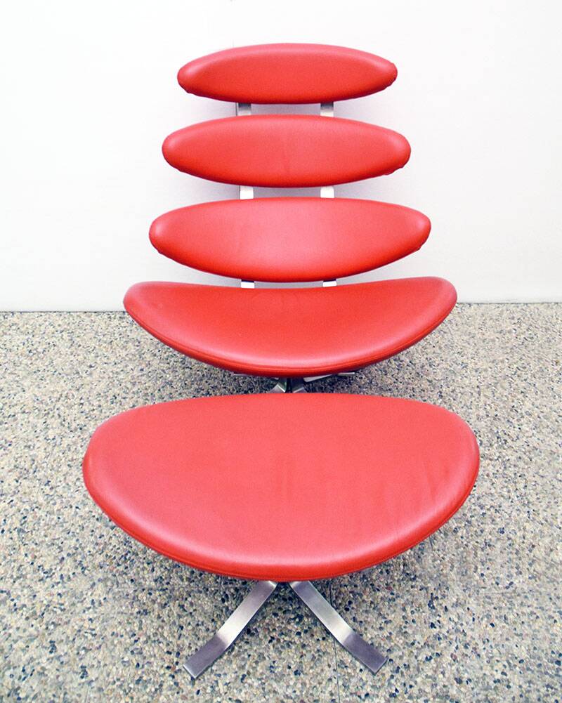 Paul Volther 'Corona Chair' with Ottoman, 1990s Replica in Leather