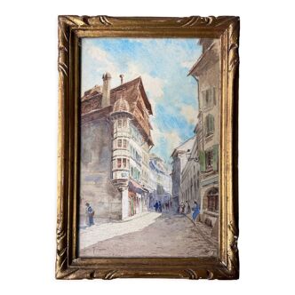 Watercolor in a patinated gilded carved wood frame