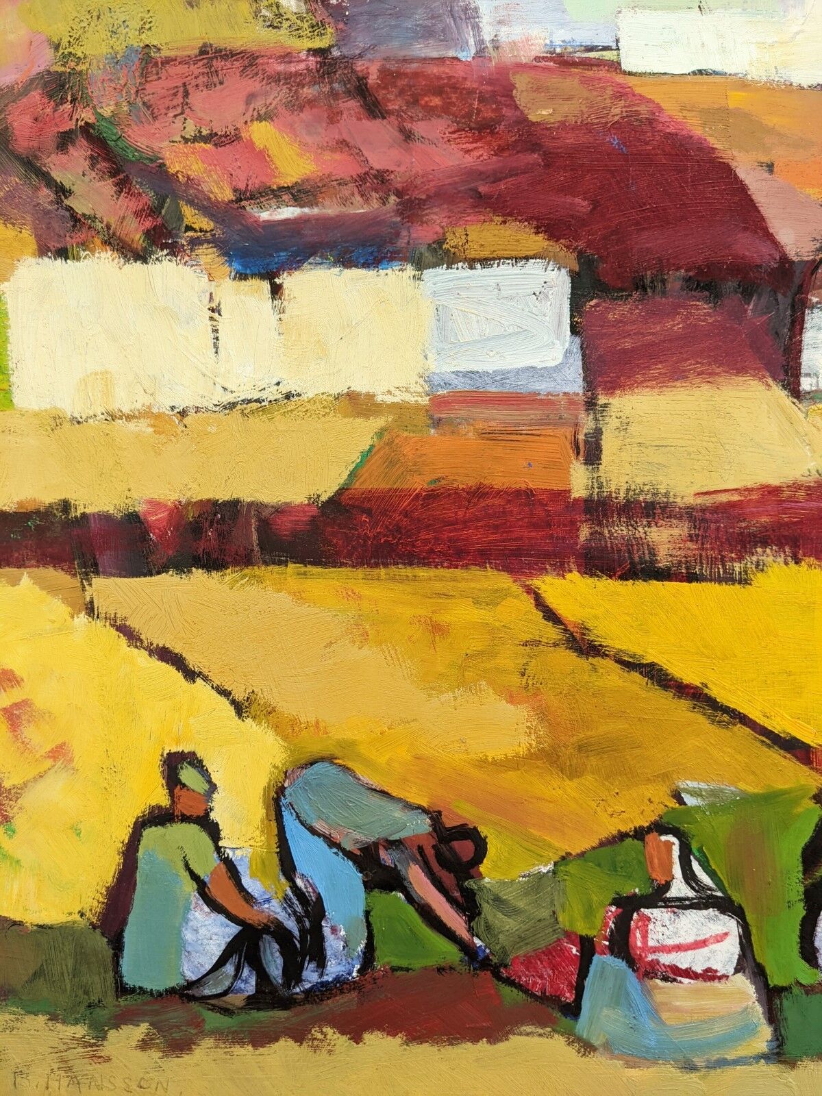 Mid-Century Modern Swedish "On the Fields" Vintage Swedish Figurative Oil Painting, Framed