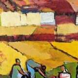 Mid-Century Modern Swedish "On the Fields" Vintage Swedish Figurative Oil Painting, Framed