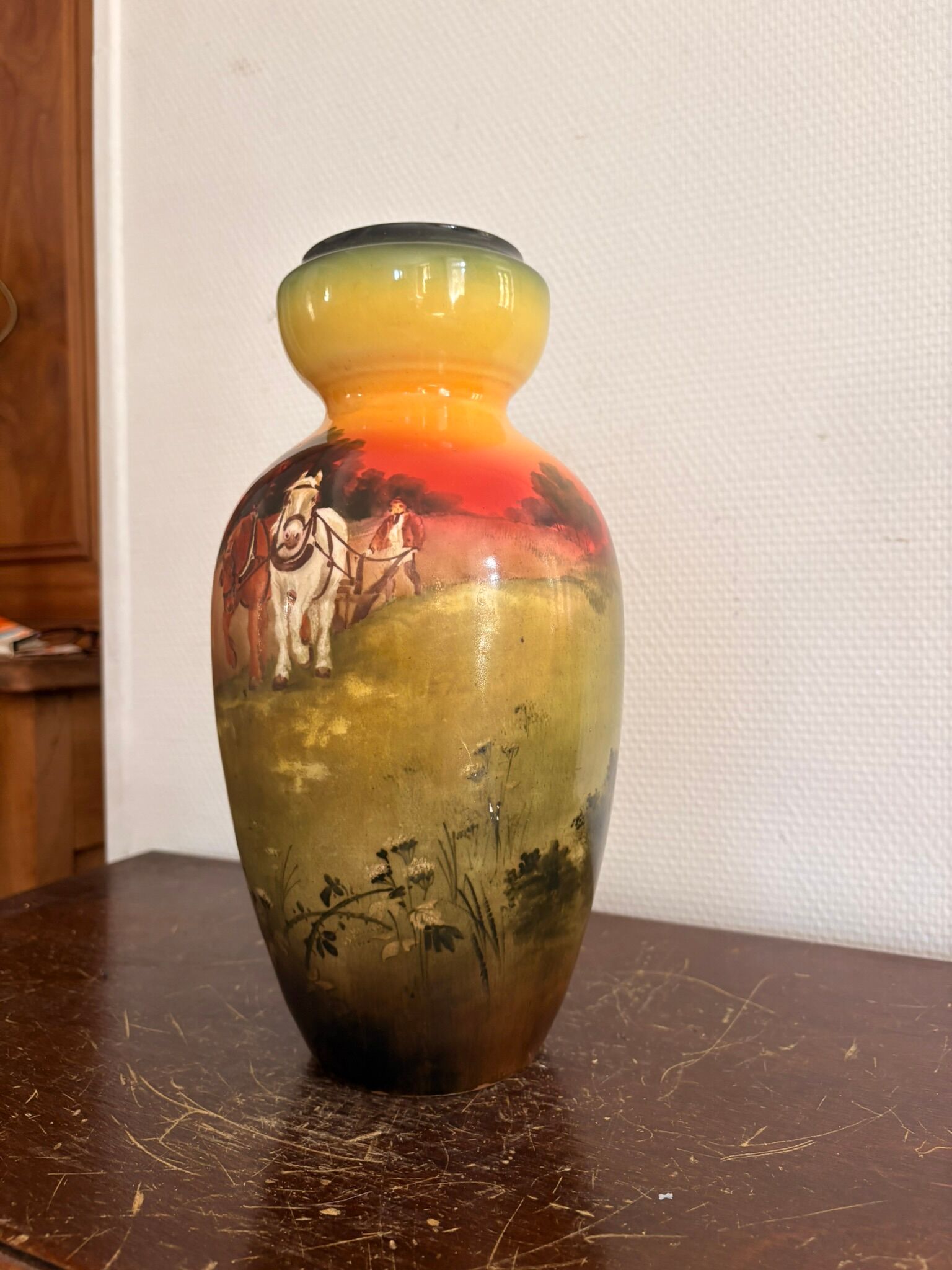 Antique English Vase Soleilian SF&Co 1910 Earthenware Decor Horses Ploughman
