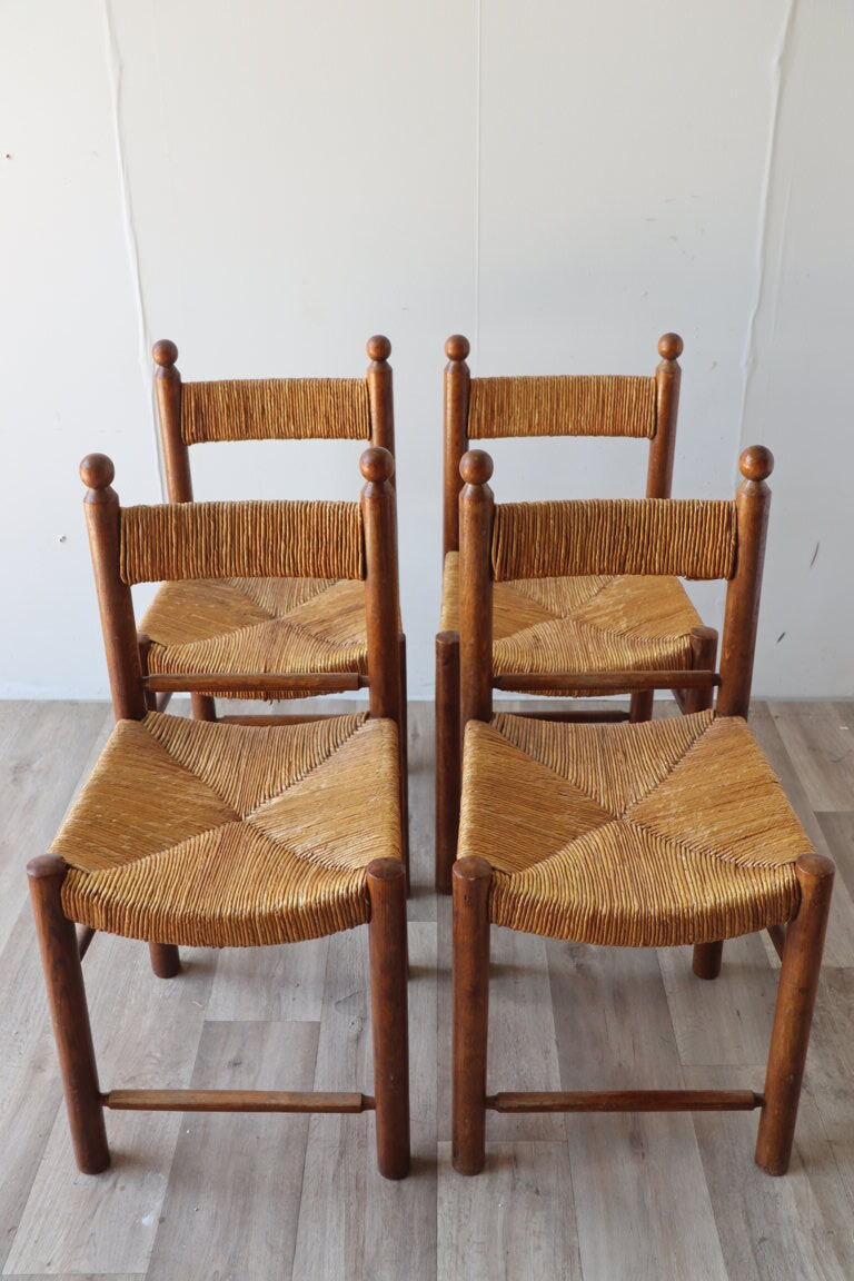 Series of 4 vintage straw and wood chairs, 1960