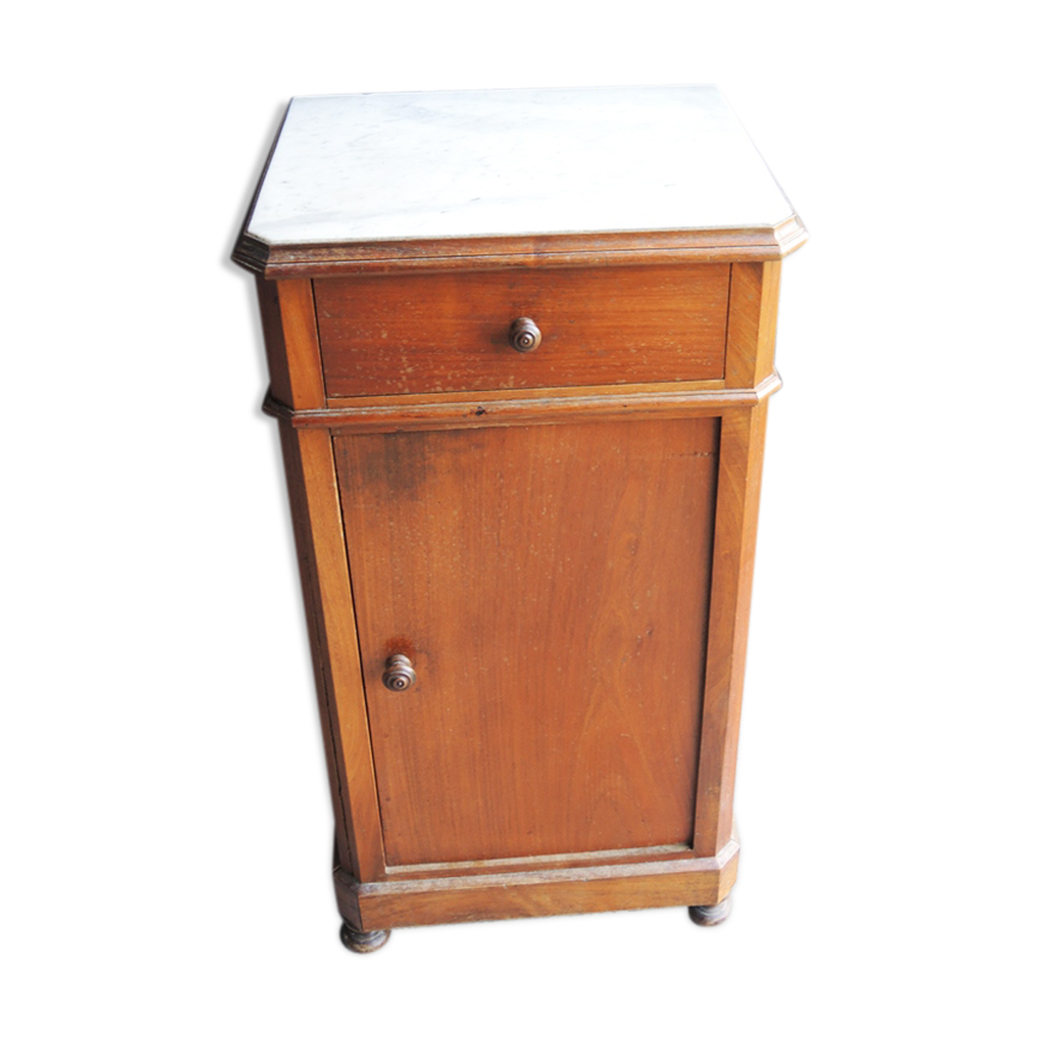Old louis philippe style bedside table in wood & white marble