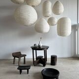 Small Japanese-style natural rattan and linen pendant light in the shape of a drop H40 D35