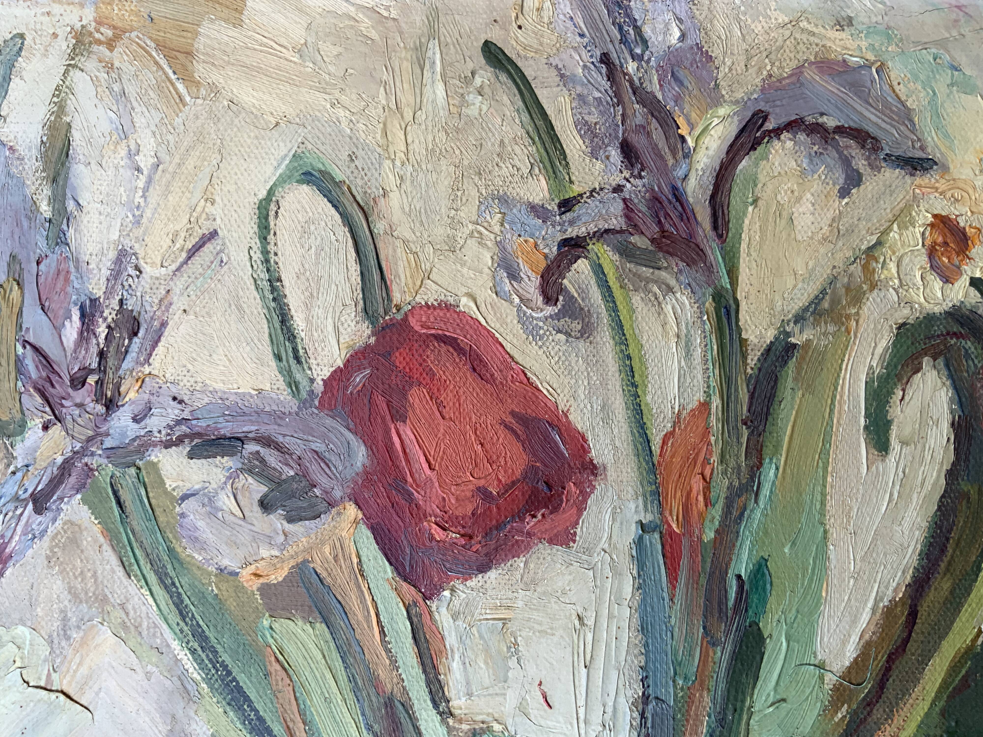 Vintage Still life with Tulips and apple, Oil Painting signed by M. Jonsson