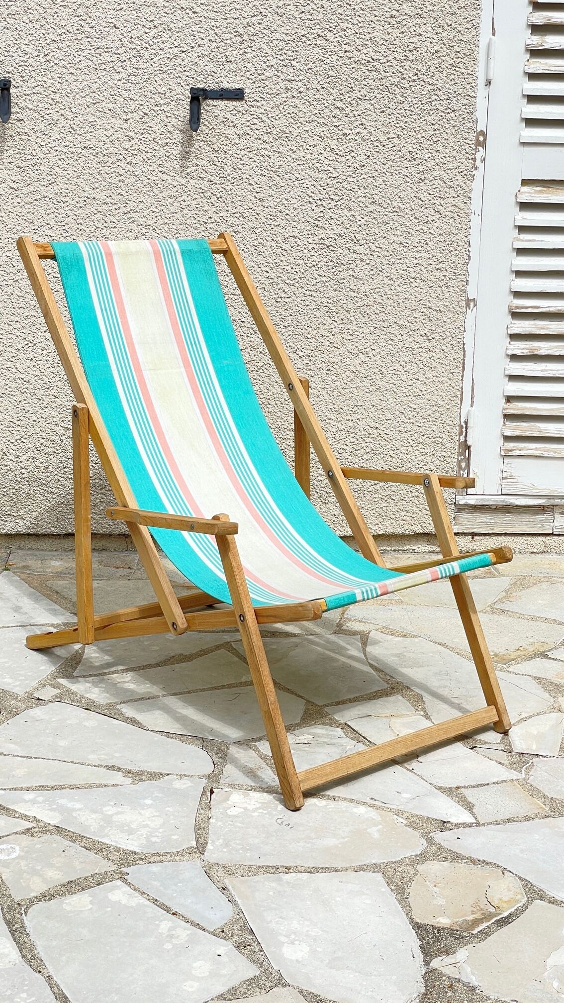 Transat pliant en bois et toile vintage