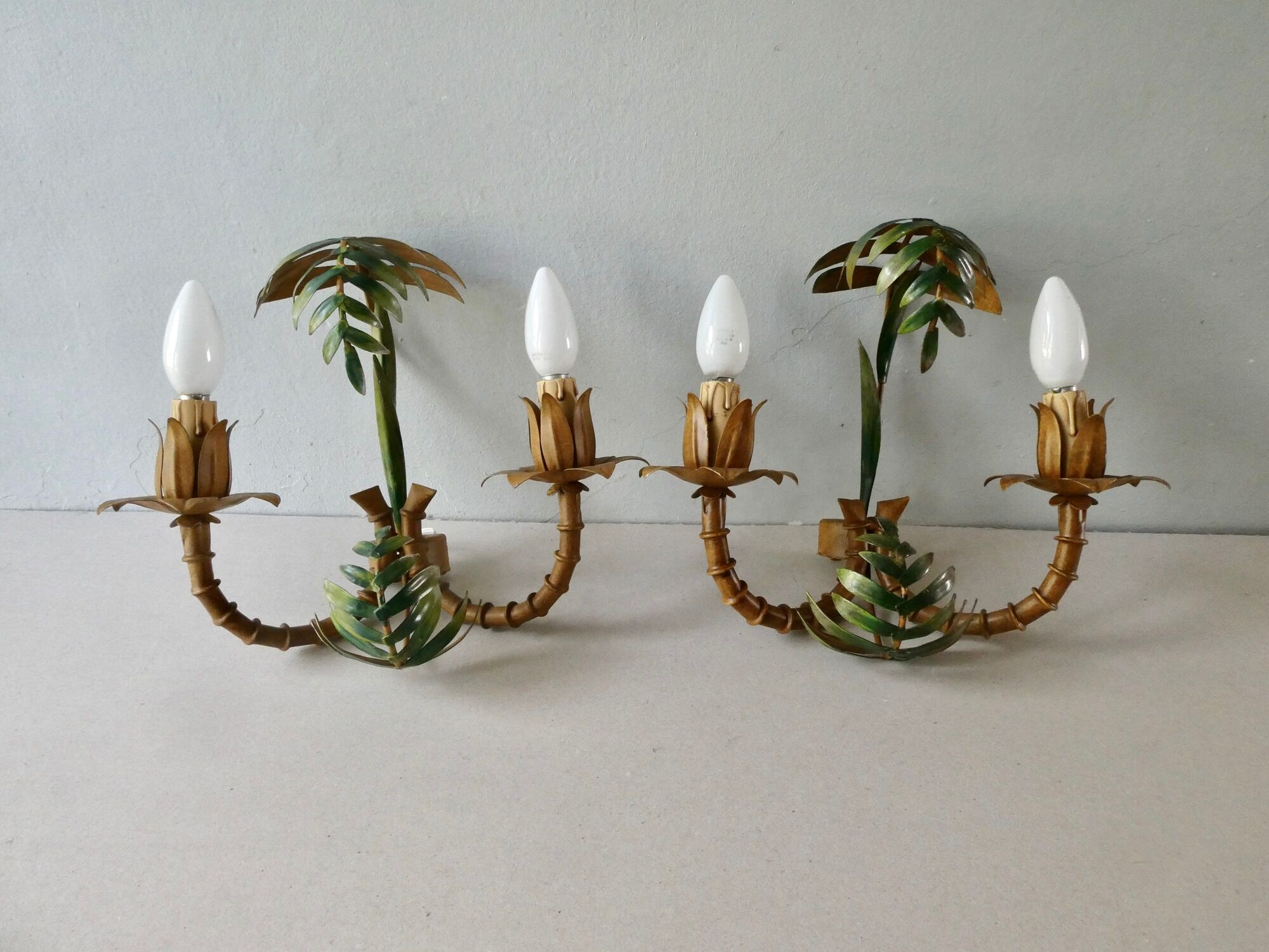 Pair of bamboo and palm sconces in metal 70s