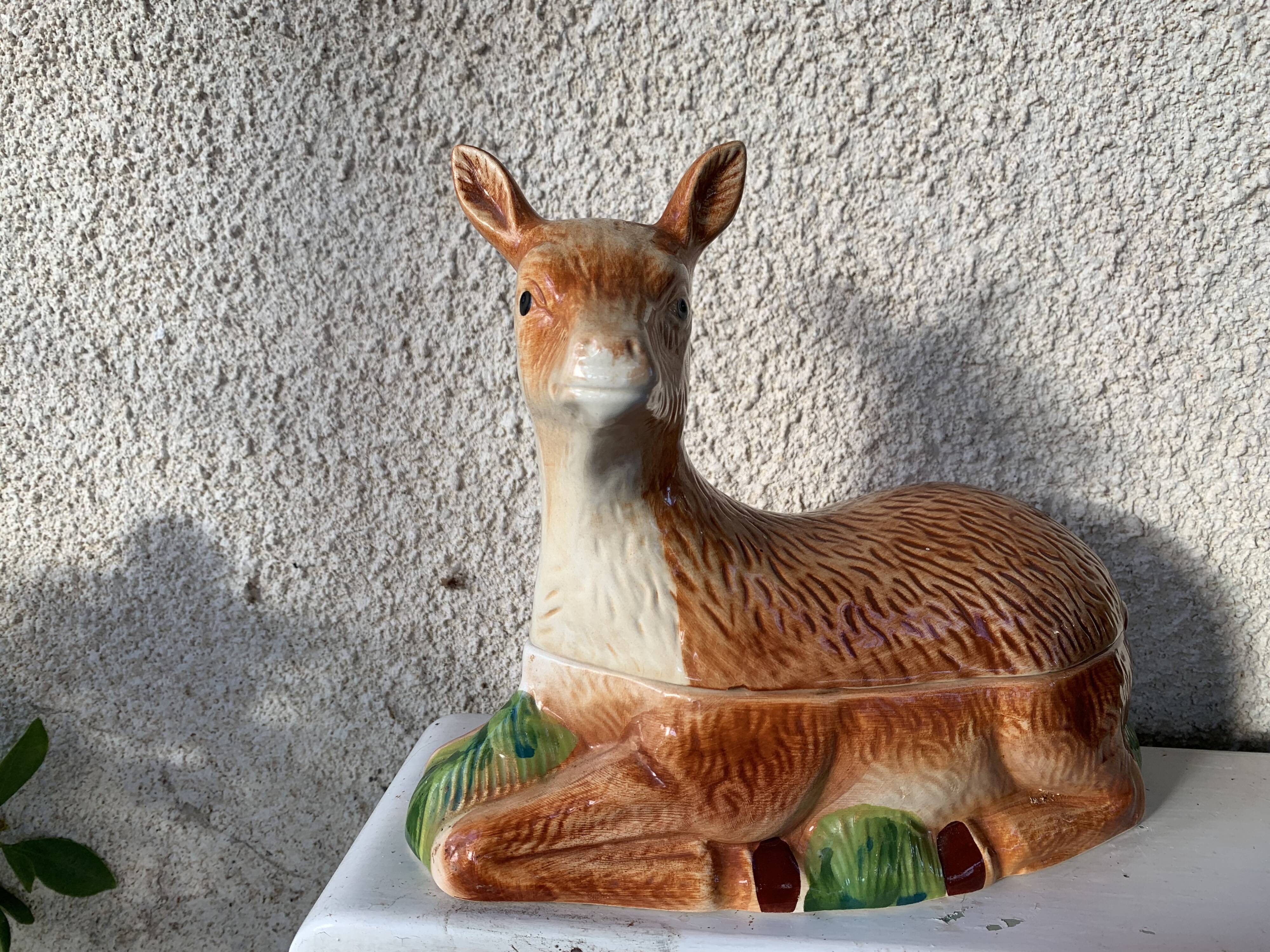 Terrine ceramic doe glazed vintage slurry Michel caugant