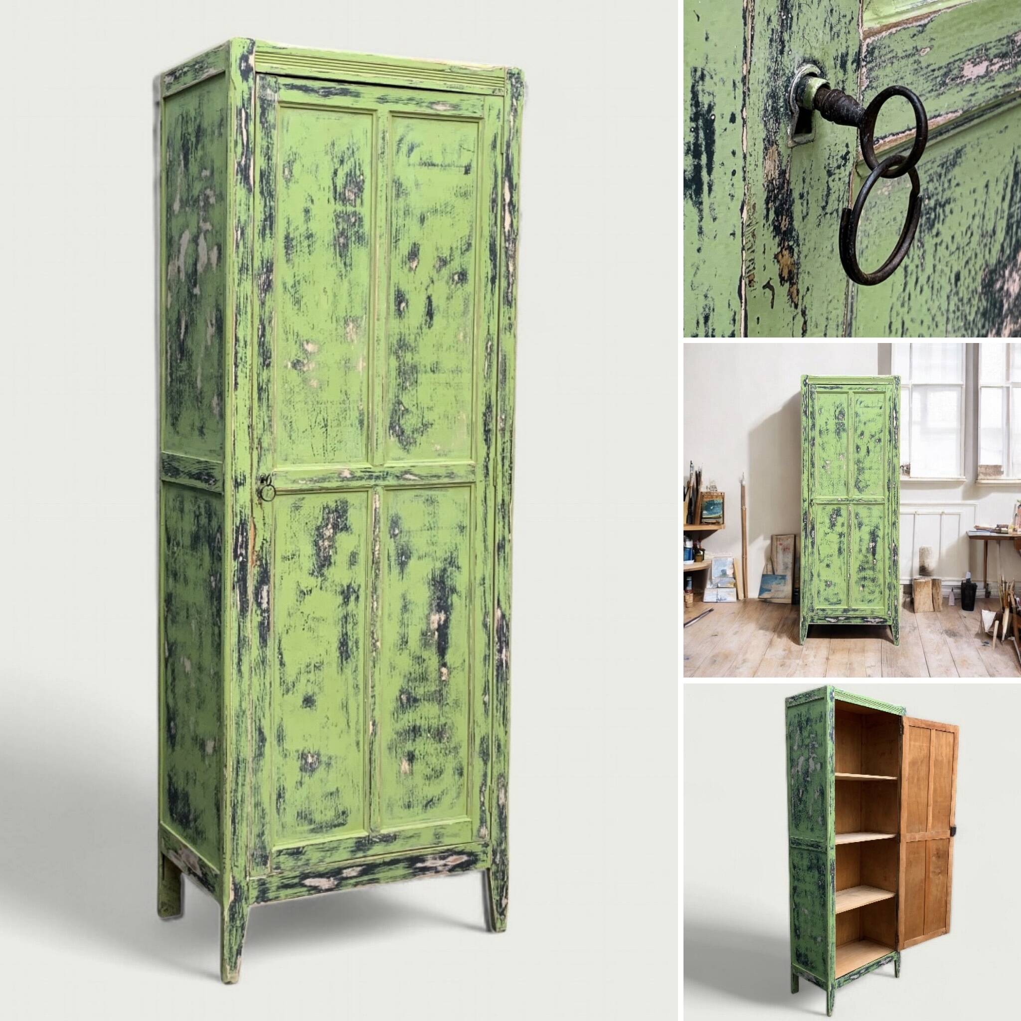 Antique Parisian bonnet wardrobe with khaki patina