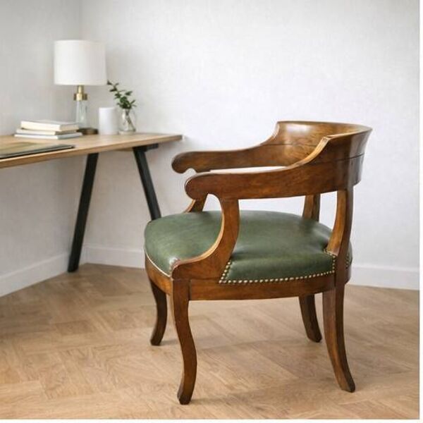 Fauteuil de bureau gondole ancien  bois massif assise imitation cuir vert