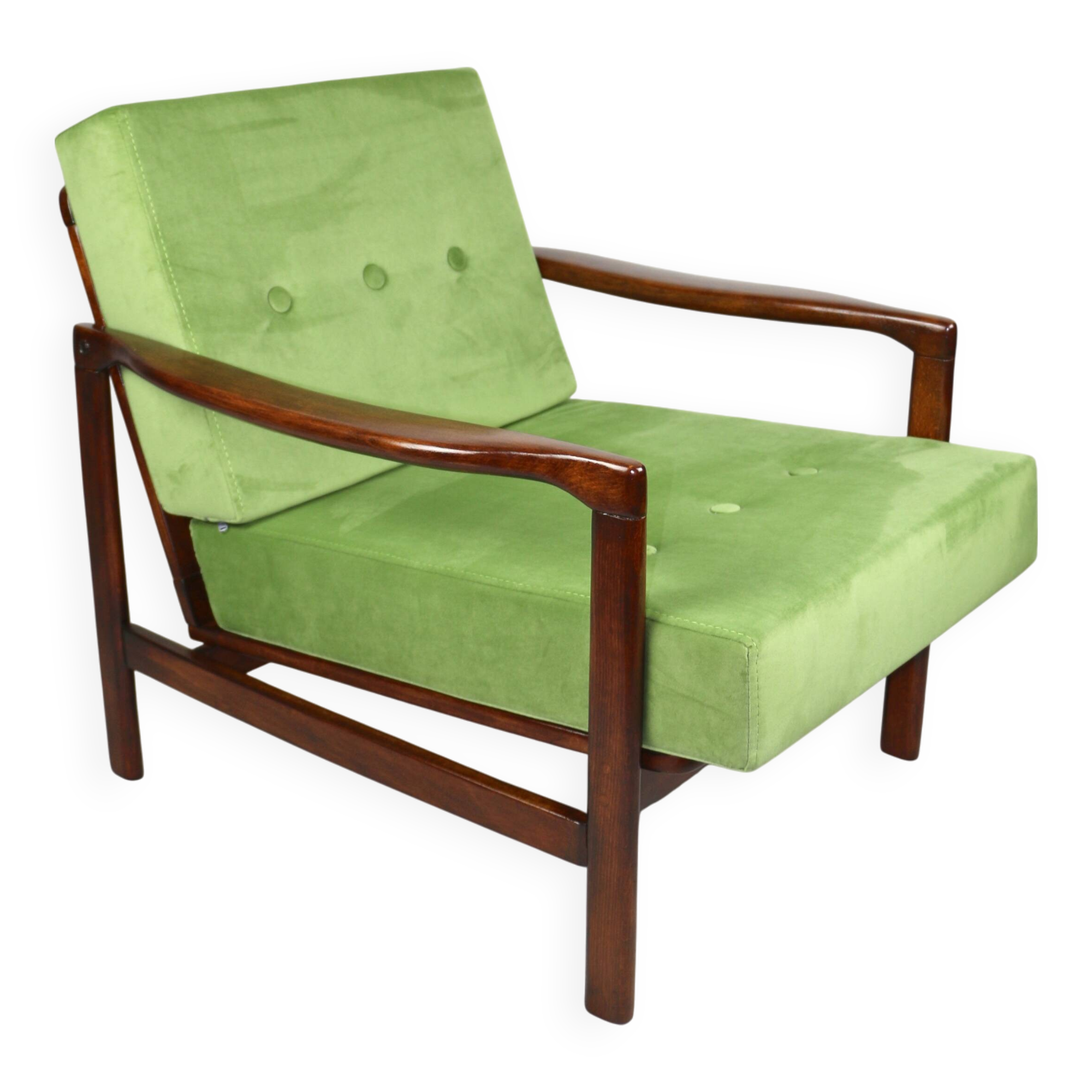 Brown vintage wooden armchair, pea green, design by Z. Bączyk - 2 pieces available