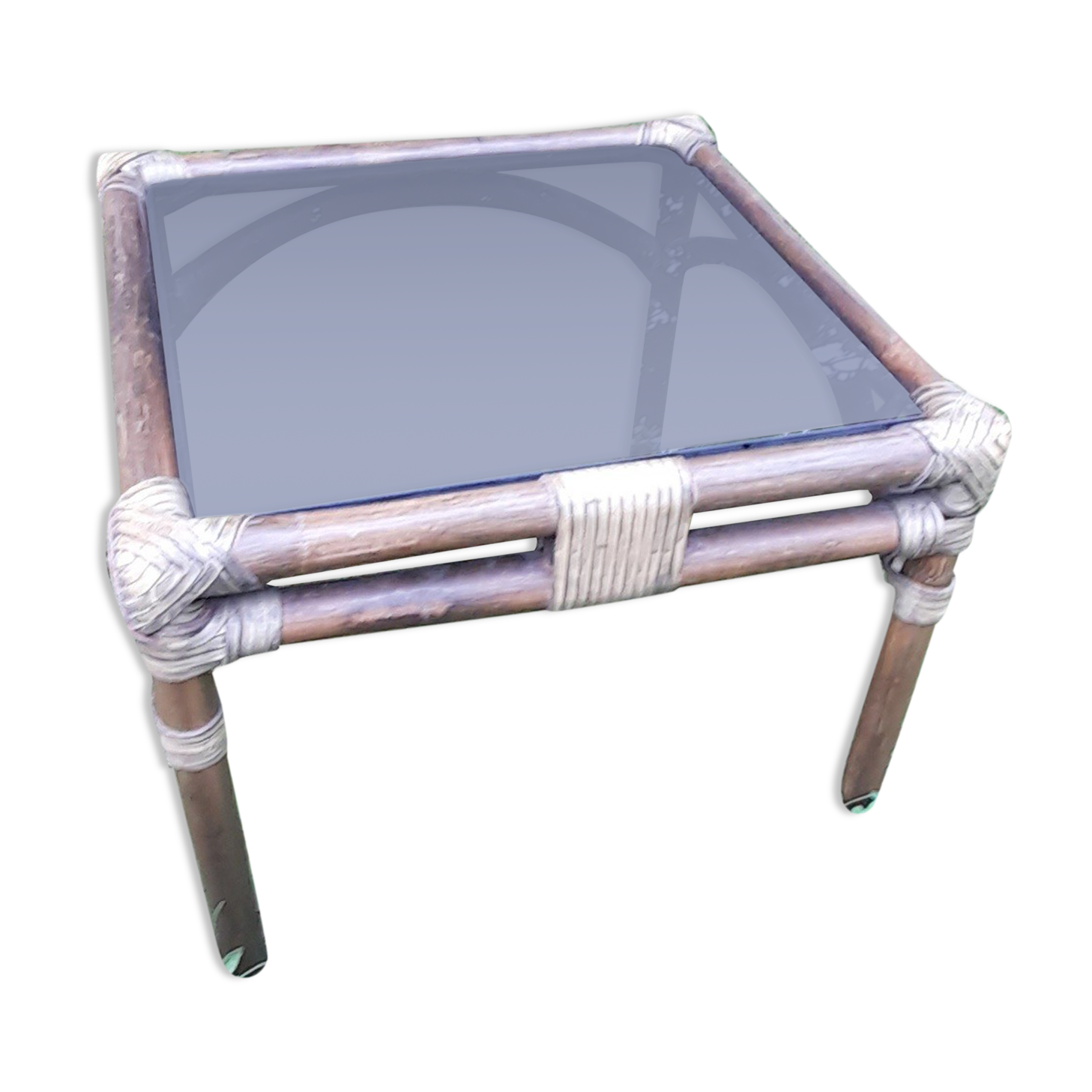 Square coffee table bamboo and smoked glass, vintage
