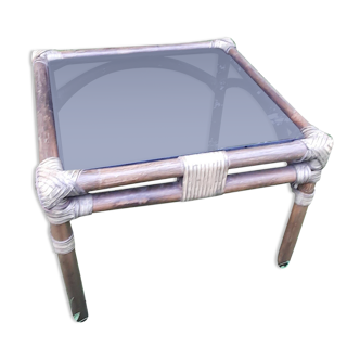 Square coffee table bamboo and smoked glass, vintage