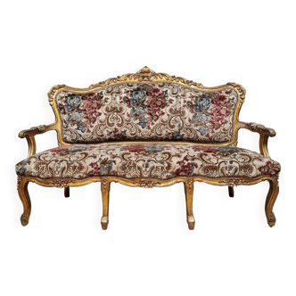 Banquette Baroque de style Louis XV en bois doré et sculpté vers 1900