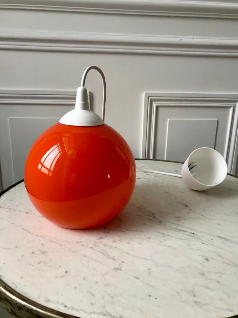 Hanging lamp ball in opaline orange 70s