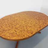 Vintage round dining table from the 60s 70s in solid wood mosaic teak and walnut with extension