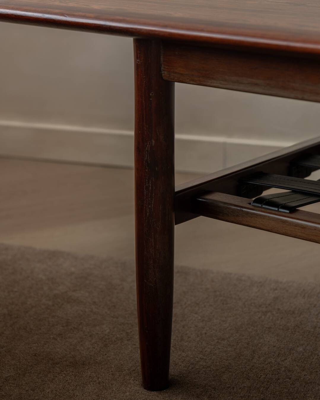 Vintage Rosewood Coffee Table Leather Magazine Shelf Topform Dutch MCM 1960