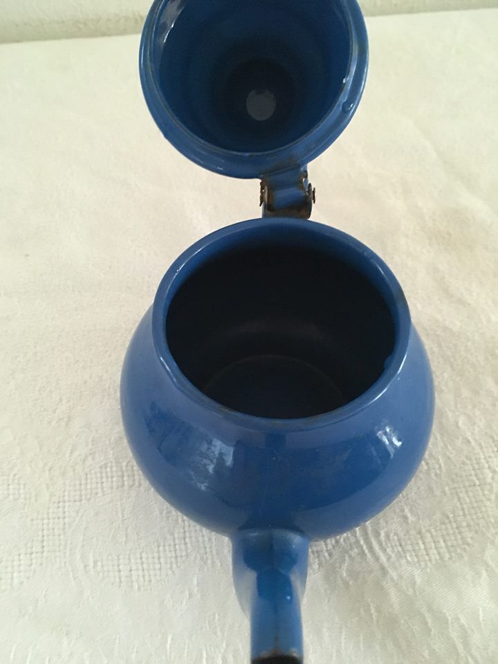 Enameled blue teapot