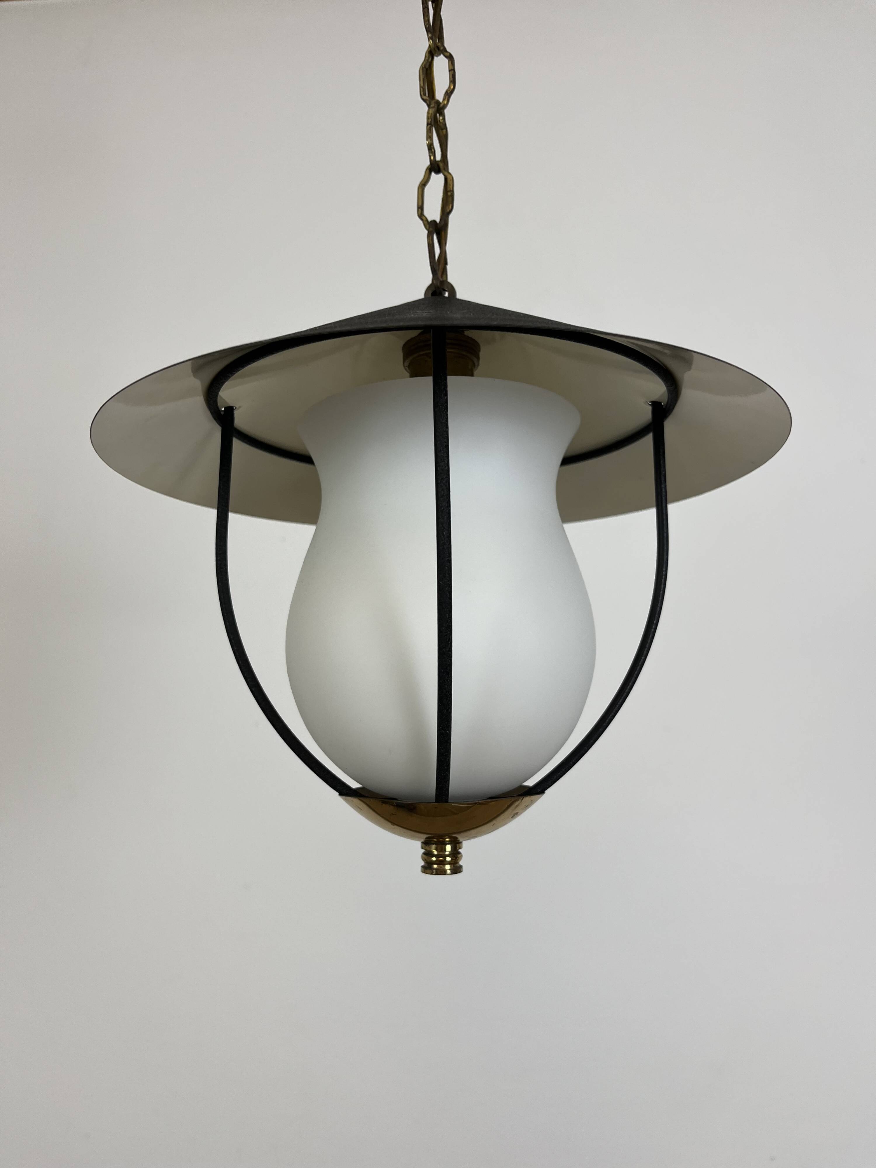 50s lantern pendant light, opaline and metal