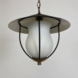 50s lantern pendant light, opaline and metal