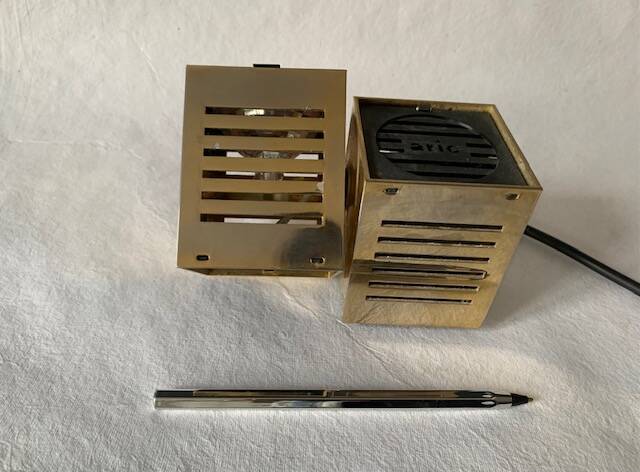 Old spot lamp, square, golden, to table, Aric cubes 70s