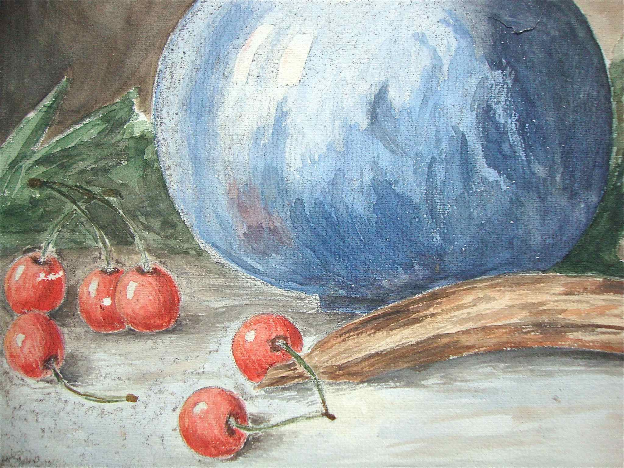 Ancient fruit watercolor and blue pitcher