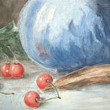 Tableau ancien fruits et pichet bleu