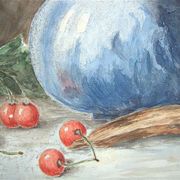 Ancient fruit watercolor and blue pitcher