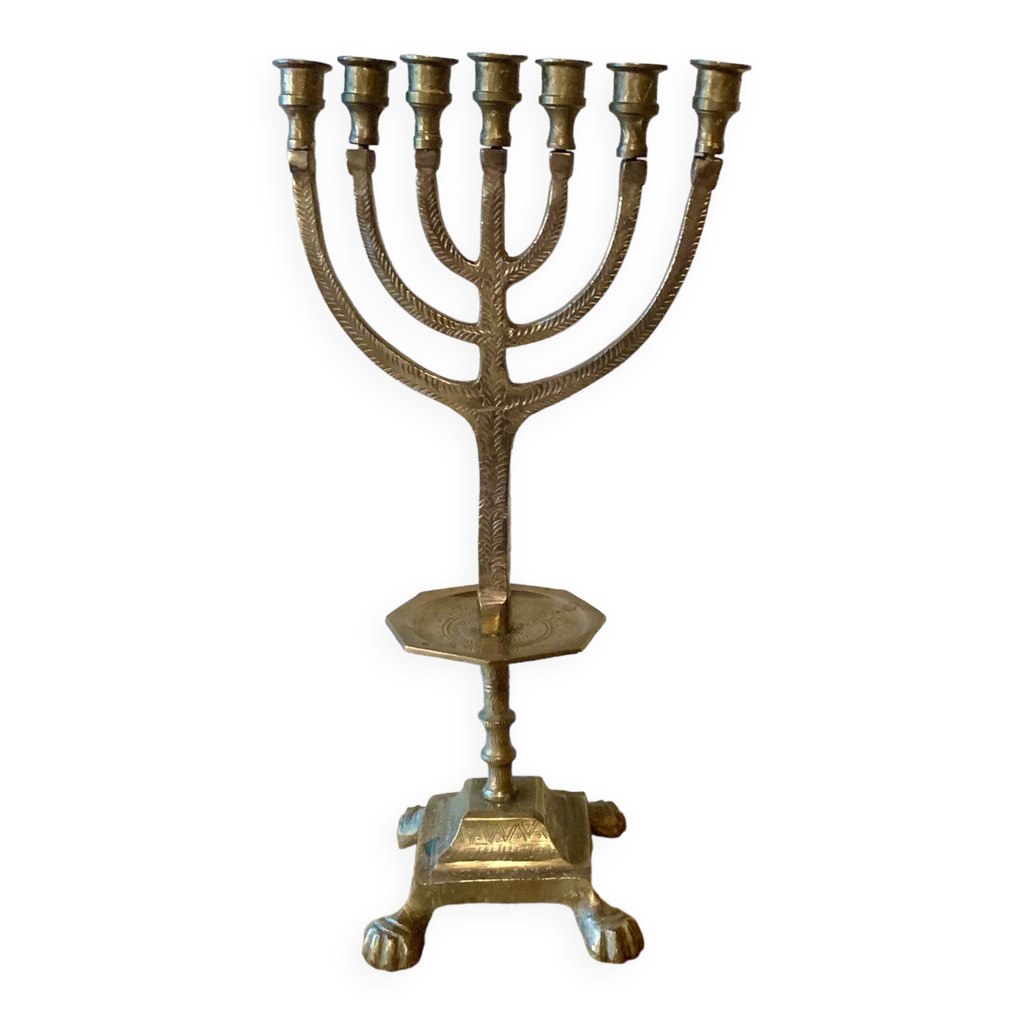 Grand chandelier hébreu Ménorah en laiton 47 cm 1960 Selency
