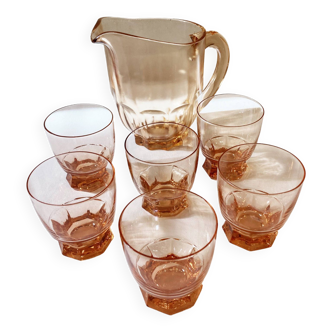 Pitcher and 6 water glasses in pink glass