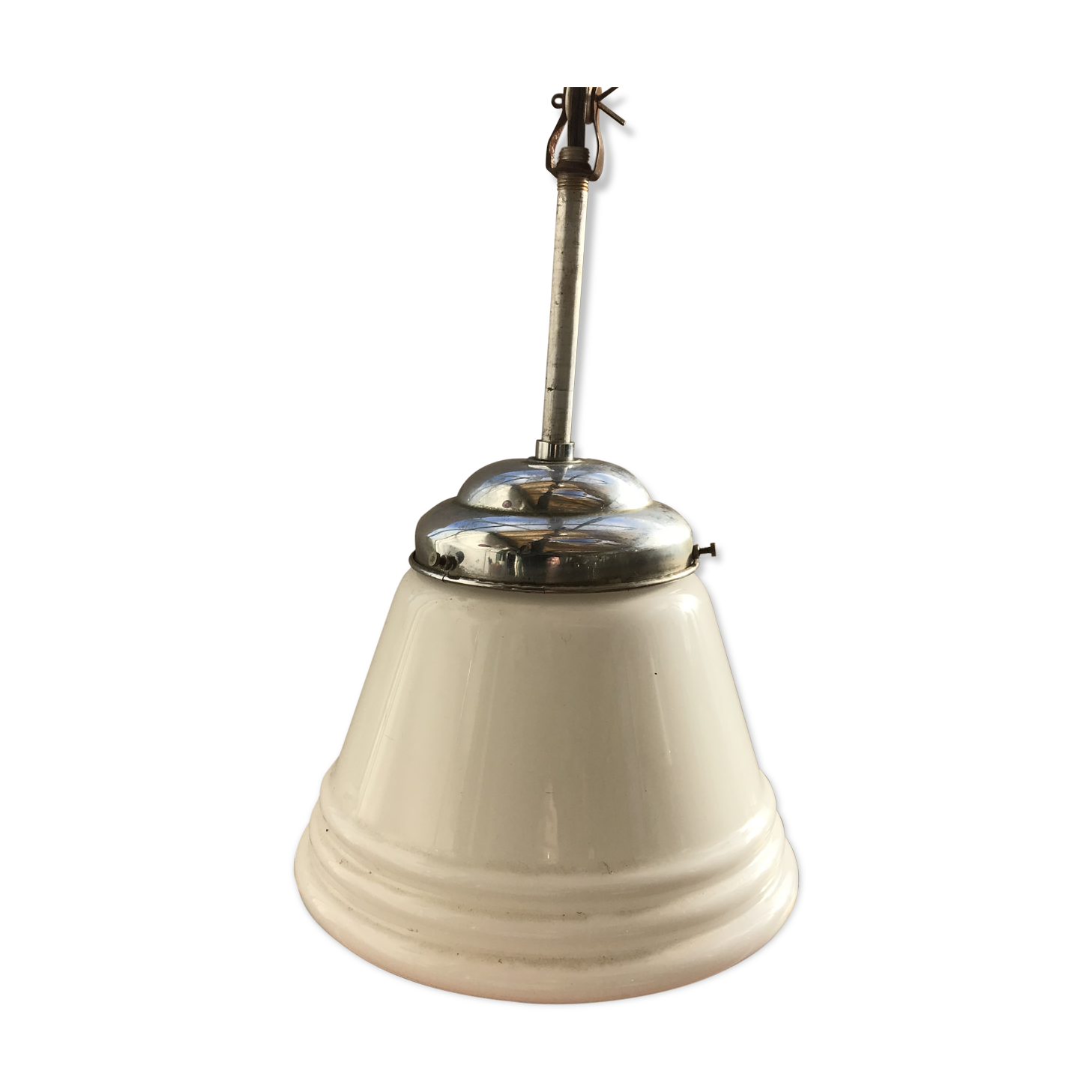 Old white opaline suspension - alu support 50 years vintage