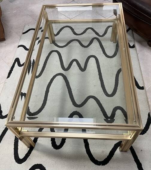 Vintage Pierre Vandel Paris Coffee Table Gold Aluminum and Glass with Two Trays 70'