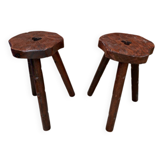 Pair of Antique Milking Stools, Tripod, Raw Wood, Folk Art, Vintage