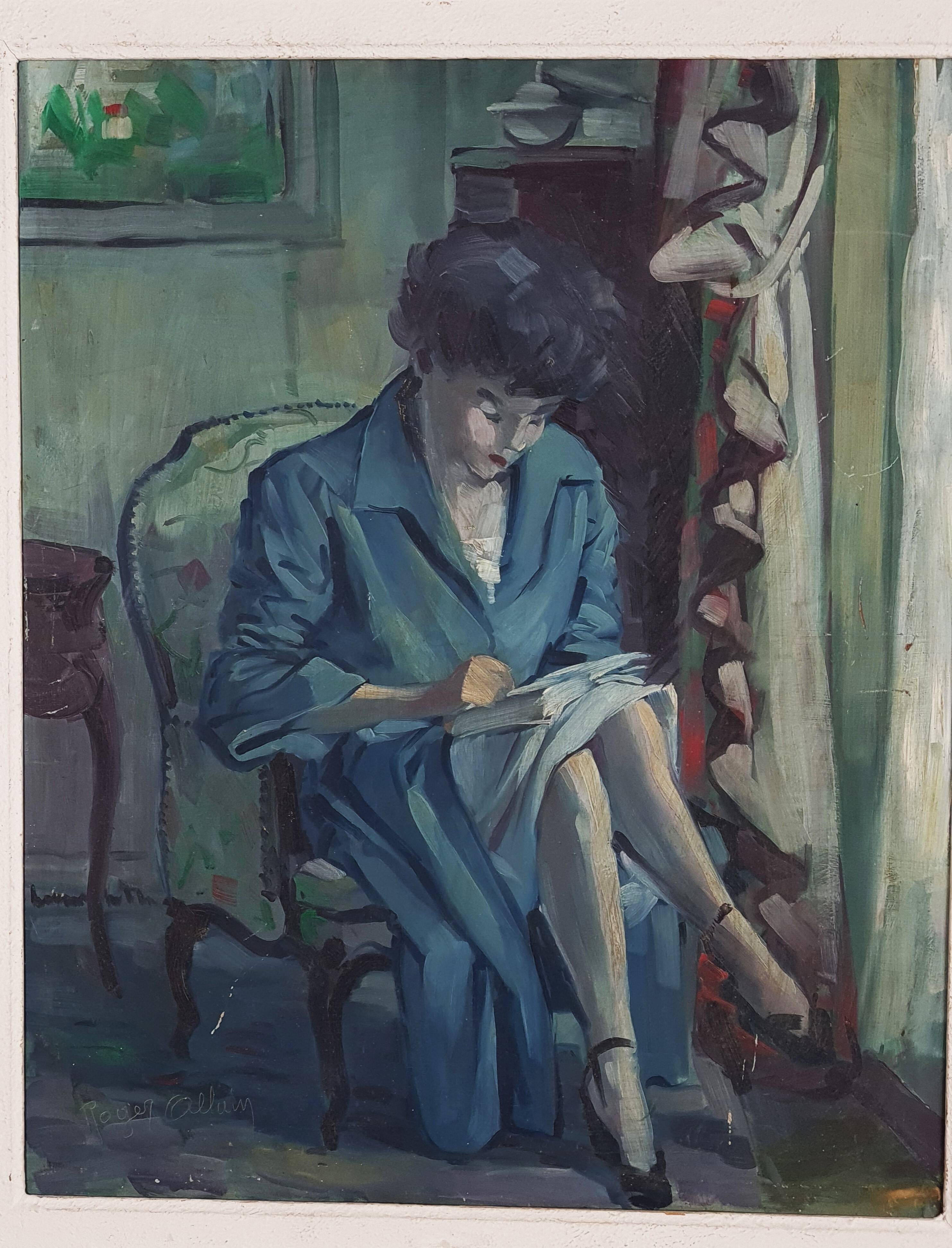 Oil on panel Young woman reading Signed Roger Alluin dated 28/2/38