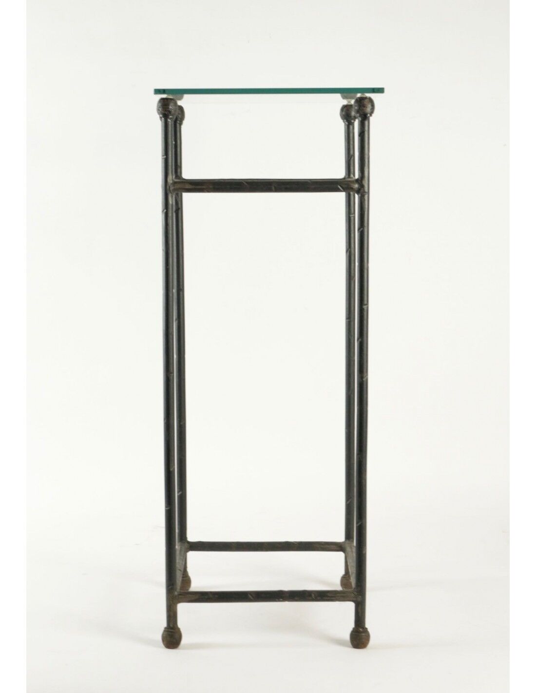 Two consoles, wrought iron sheaths on glass top, twentieth century