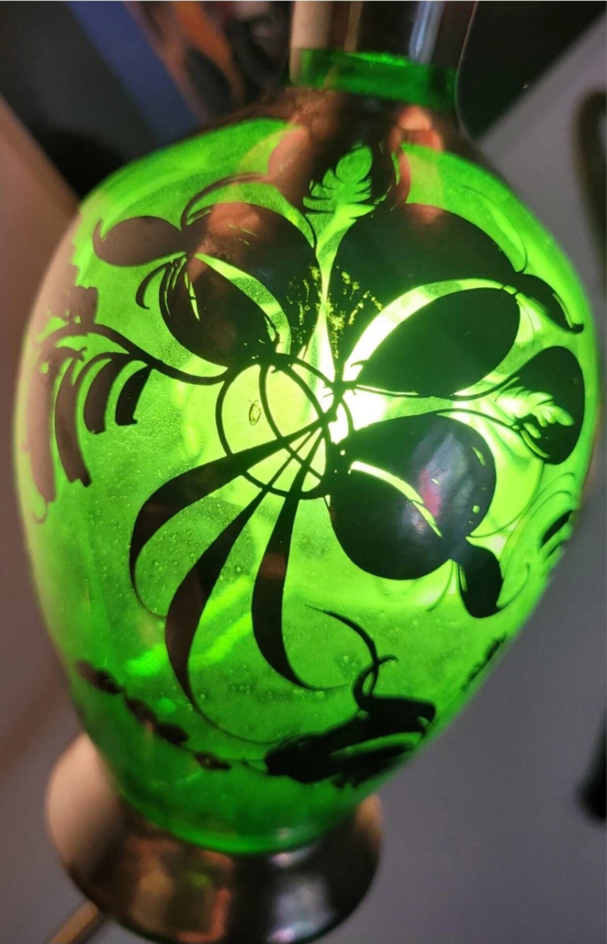 Murano glass alcohol bottle green & silver 1930s - 1940s.
