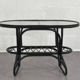 Black rattan and glass coffee table