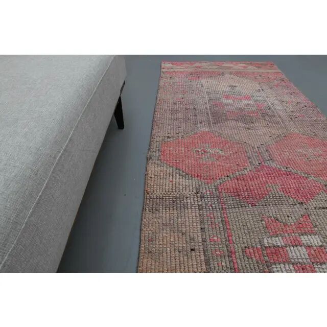 1970s Vintage Turkish Oushak Handmade Wool Cotton Pink Runner Rug 90x365