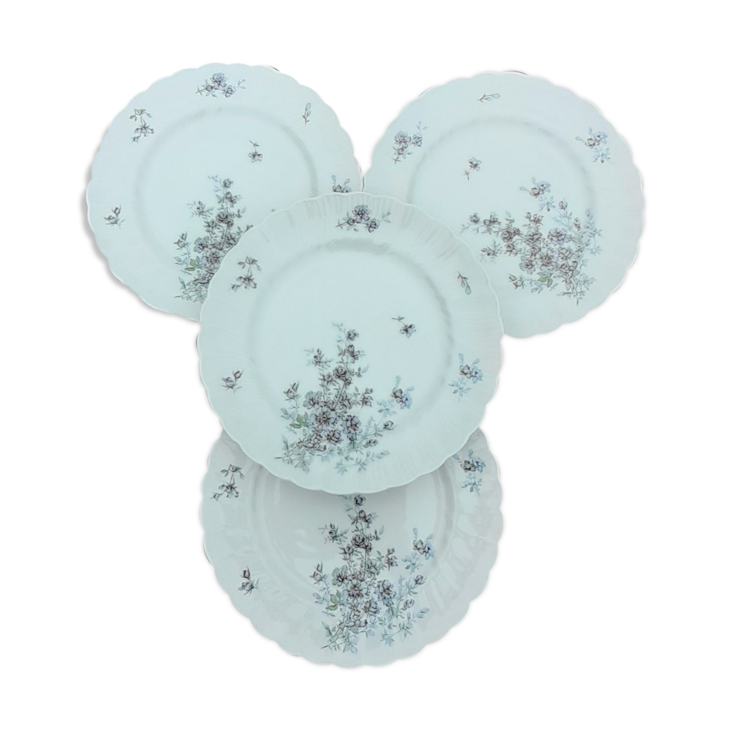 Lot of 4 flat plates, blue flowers model Gabrielle Porcelaine Limoges Bernardaud e