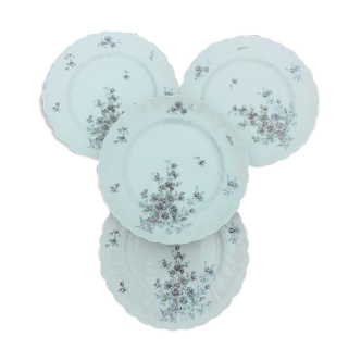 Lot of 4 flat plates, blue flowers model Gabrielle Porcelaine Limoges Bernardaud e