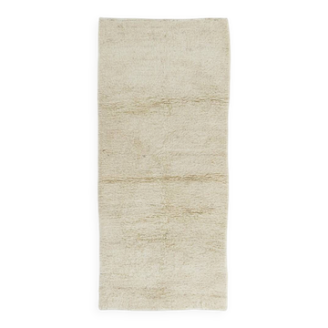 Minimalist Vintage Hand-Knotted Turkish Tulu Runner Rug Made of Natural Ivory Wool, Custom Options Available