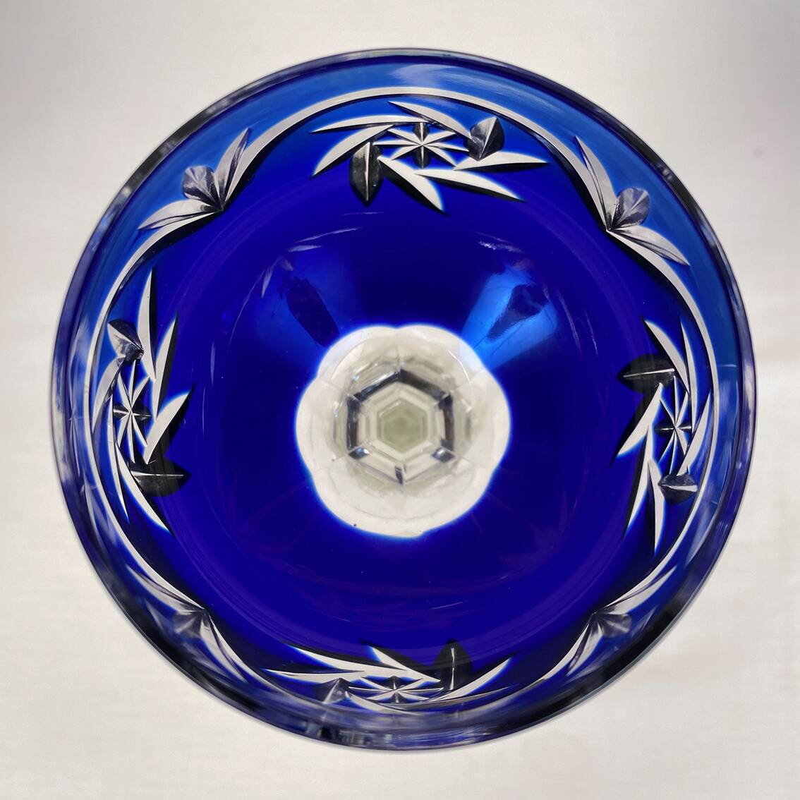 Bohemia. Series of six cut crystal wine glasses from the Rhine in blue.
