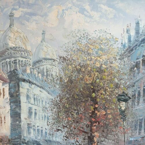 Huile sur toile, Caroline Burnett Montmartre et la basilique du Sacré Cœur Paris