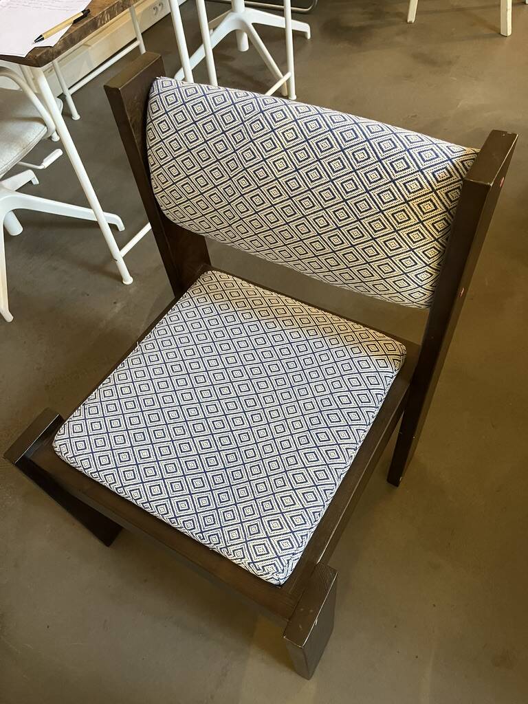 Pair of brutalist chairs in solid wood and jacquard fabric.