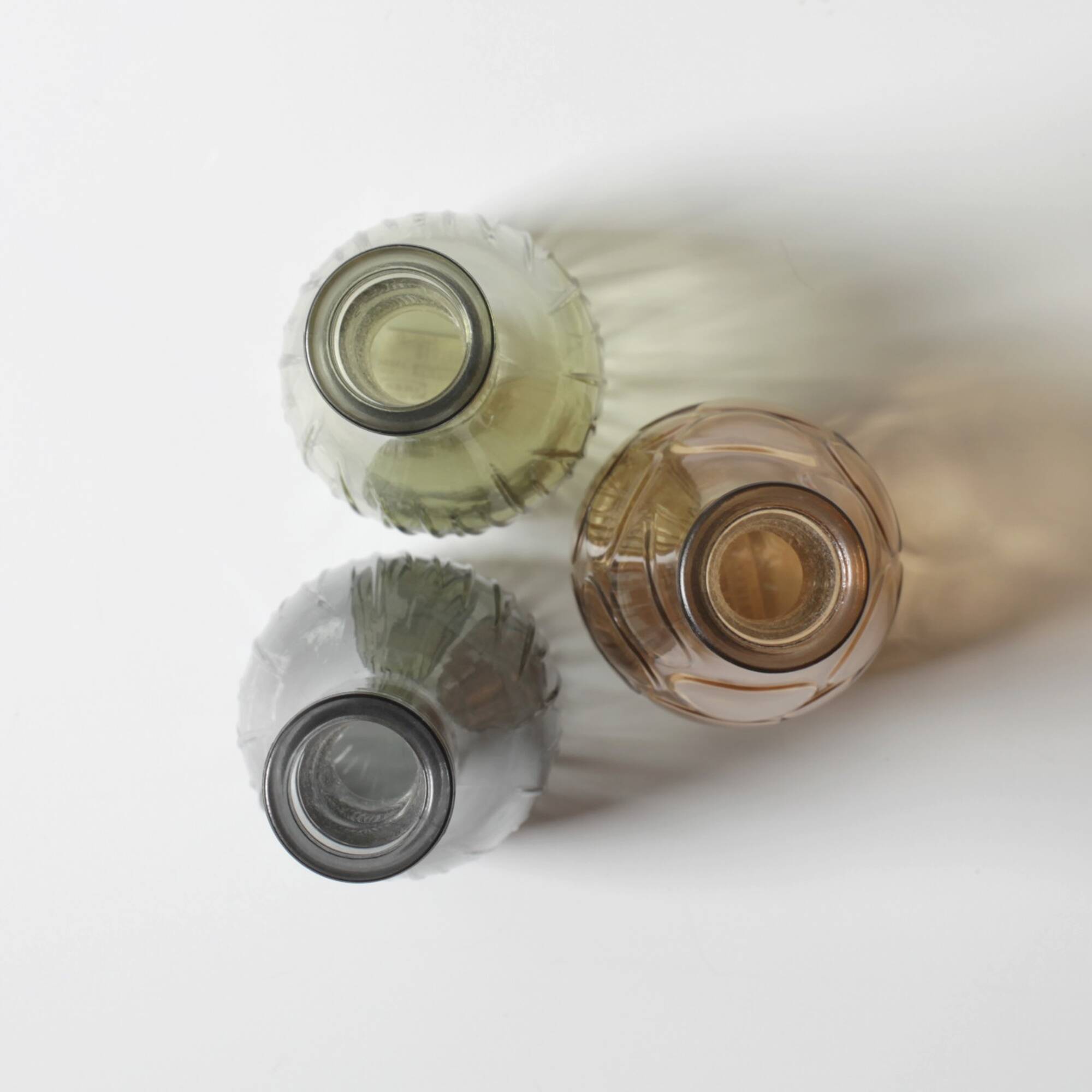 Set of 3 Grey, Green and Amber Glass Vases / Colored Bottles / Ikea / 2000s