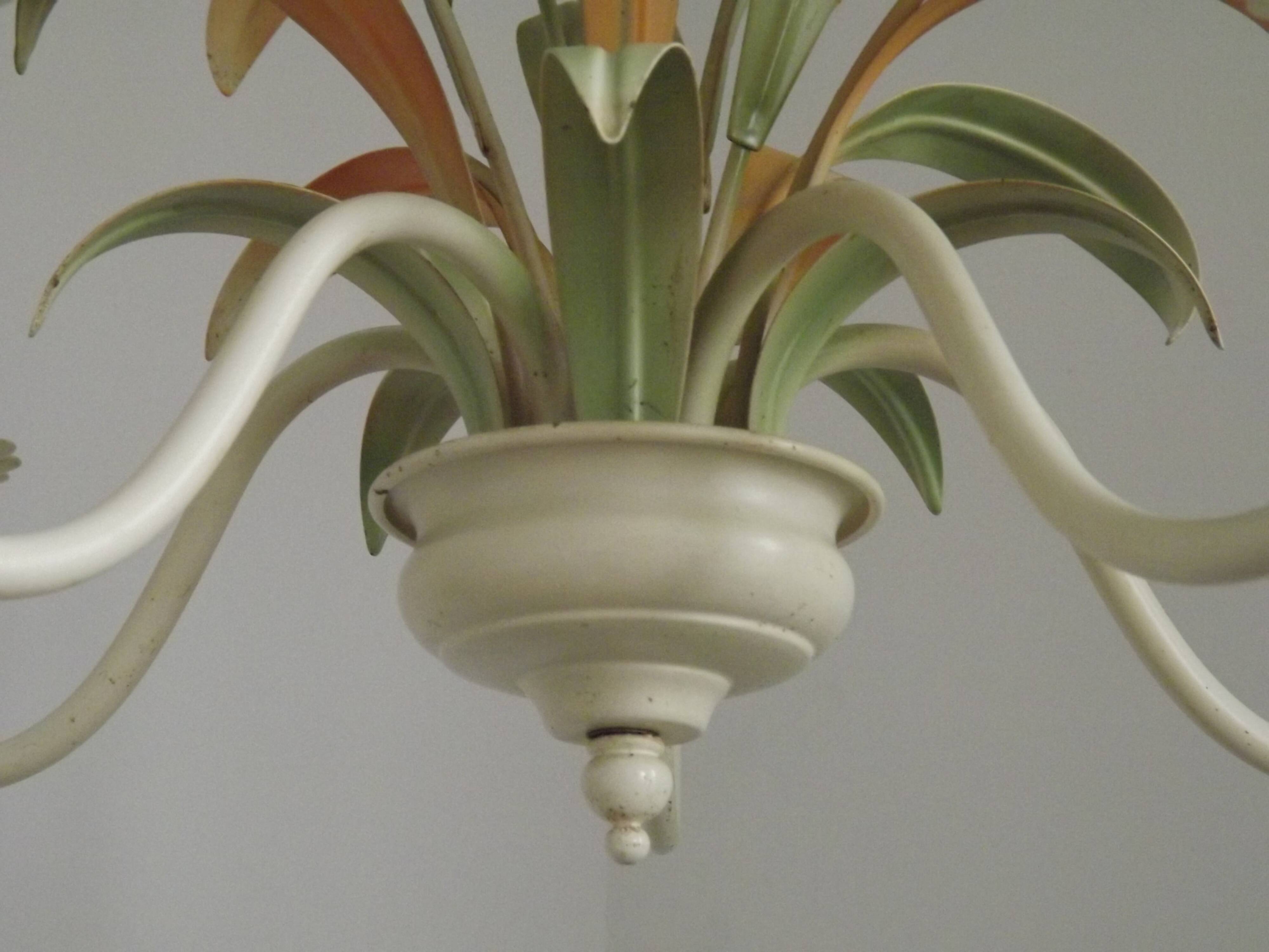 French Vintage Cream 5 Light Metal Chandelier Green and Peach Leaves