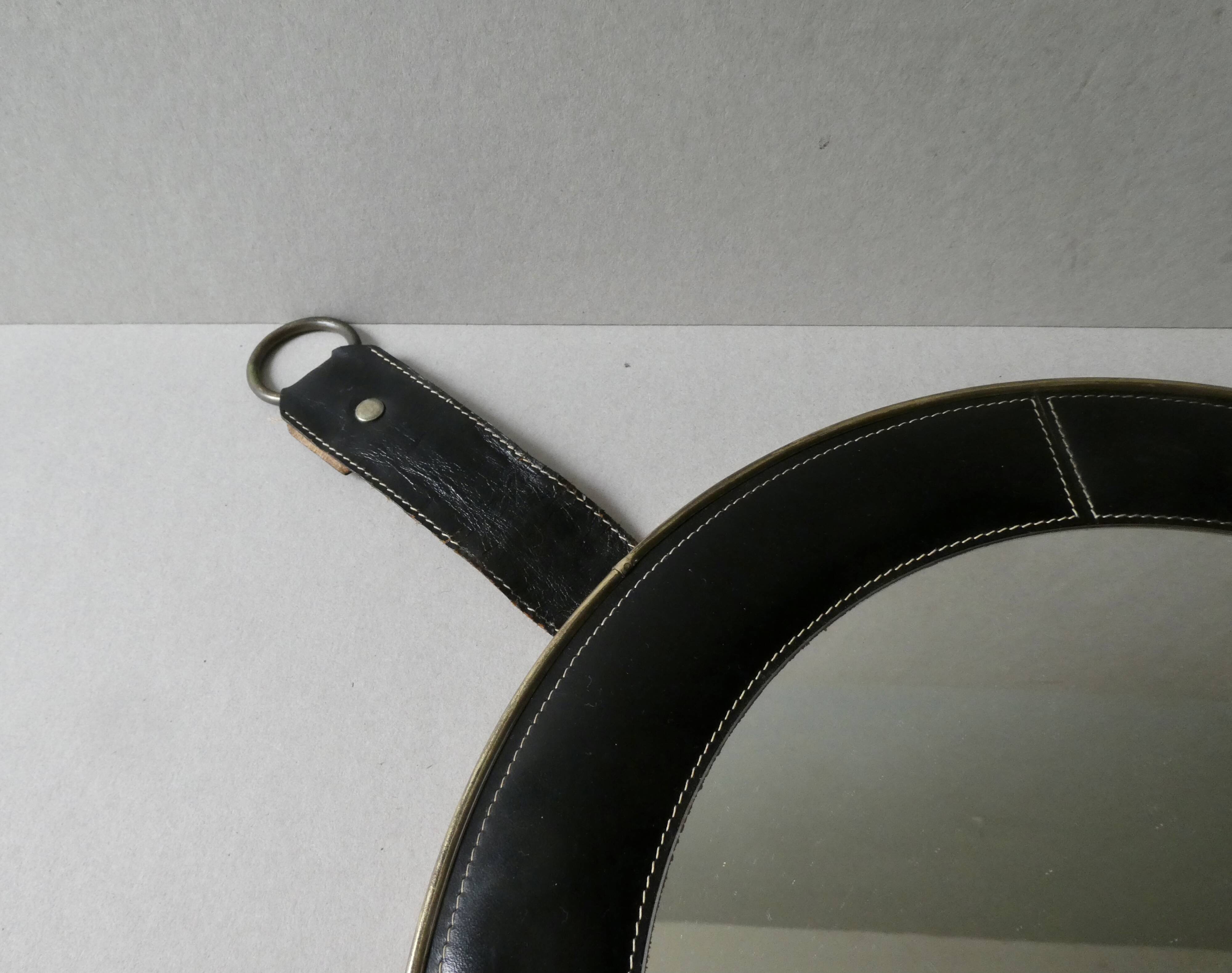 leather mirror, saddle stitching, 60s