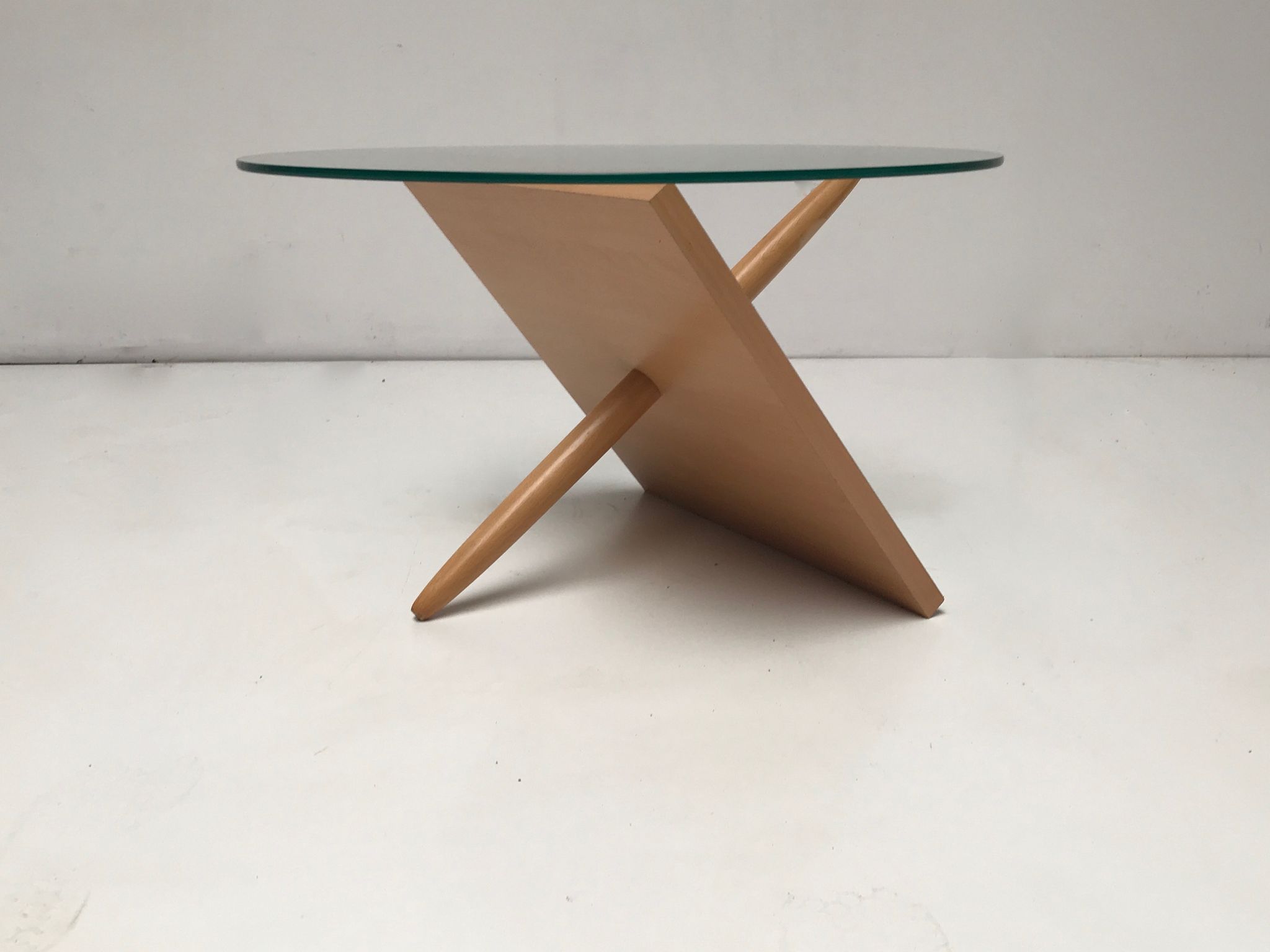 Sculptural beech wood and glass round coffee table Netherlands 1990s